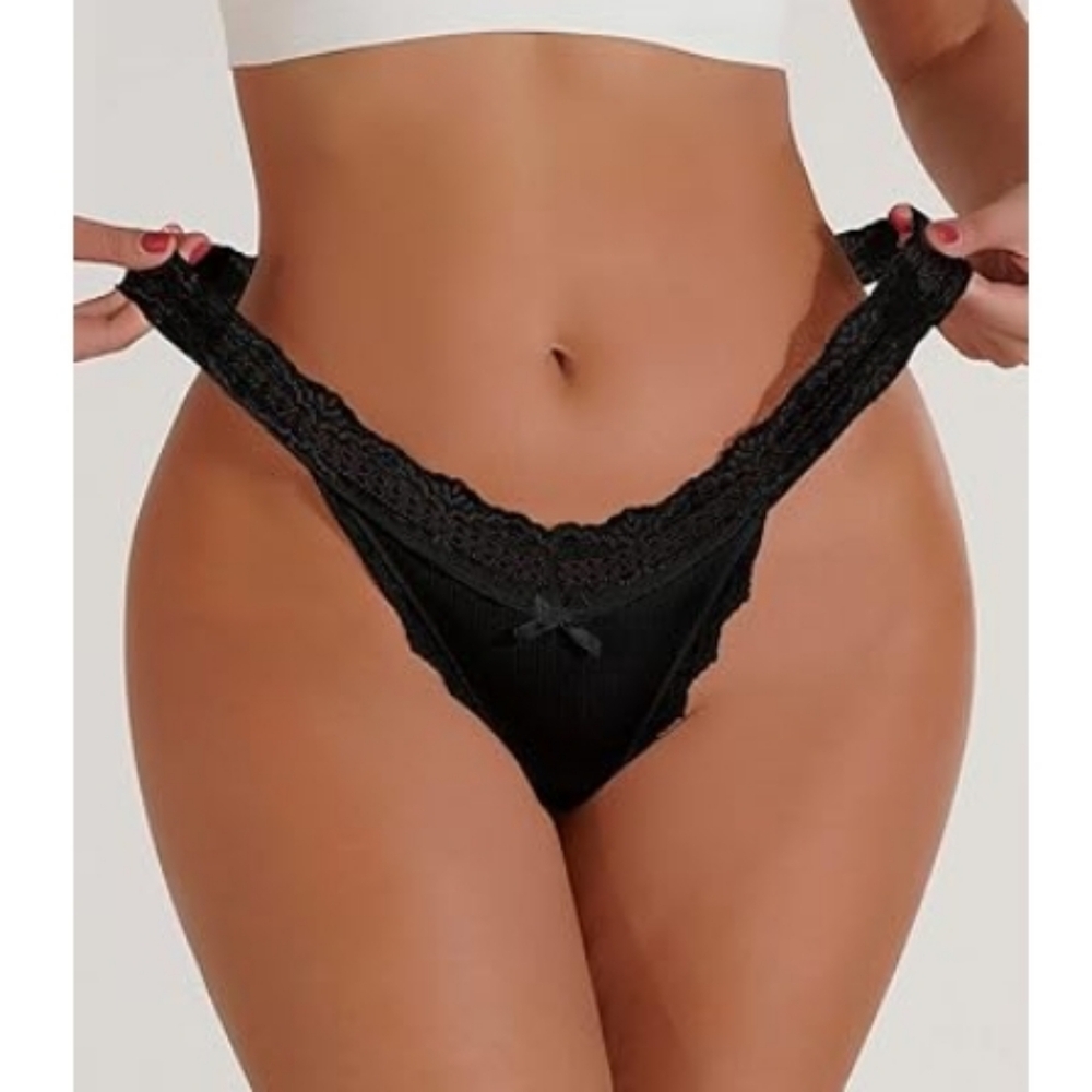 💋Sexy Panties Floral Lace Cut Out Thongs Mid Waist Underwear Black